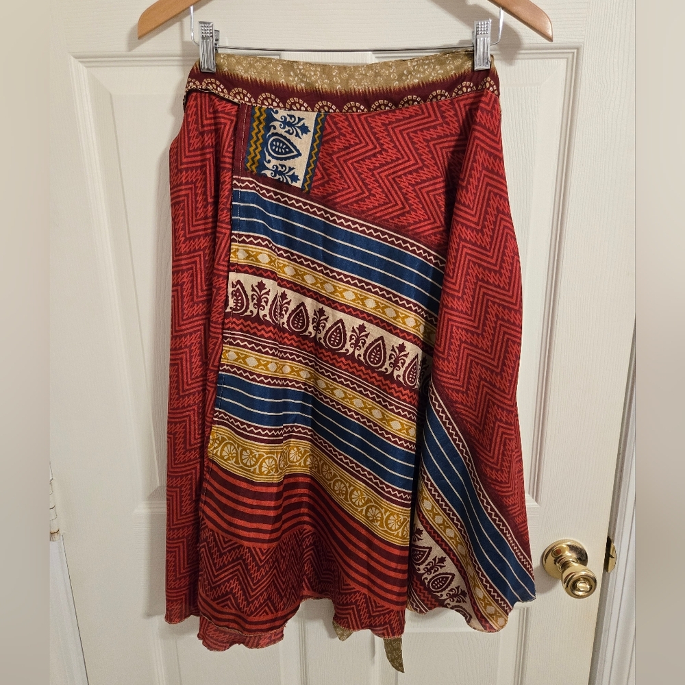Bohemian Red , Beige and Blue Wrap Skirt Reversible One Size